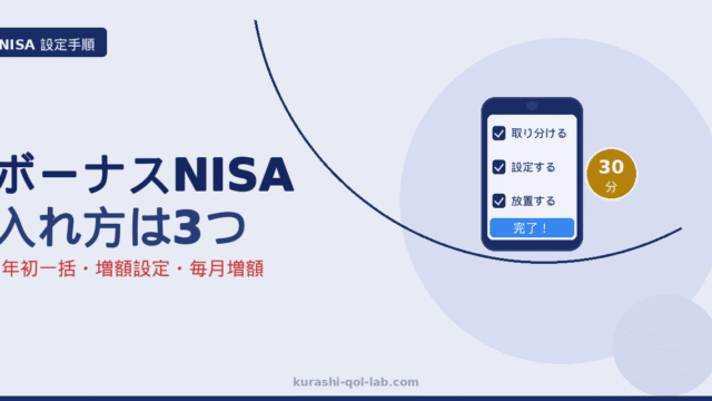 NISAのボーナス設定と年初一括のやり方 3つの入れ方の手順を示すアイキャッチ