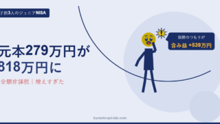 子供3人のジュニアNISAが、児童手当とお年玉を元手に元本約279万円から約818万円まで増え、含み益約539万円が全額非課税になっていることを示すアイキャッチ